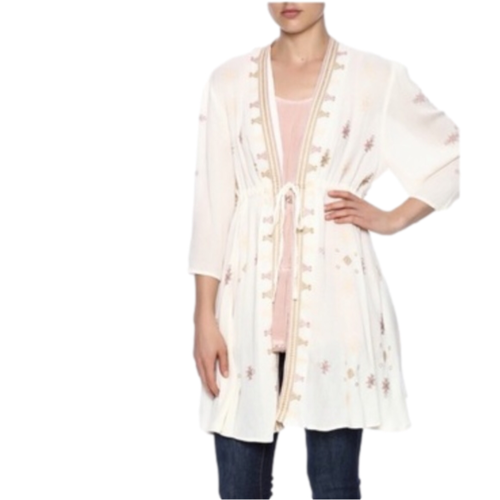 ORANGE CREEK Cream Embroidered Boho Aztec Kimono Swim Cover Size S/M‎